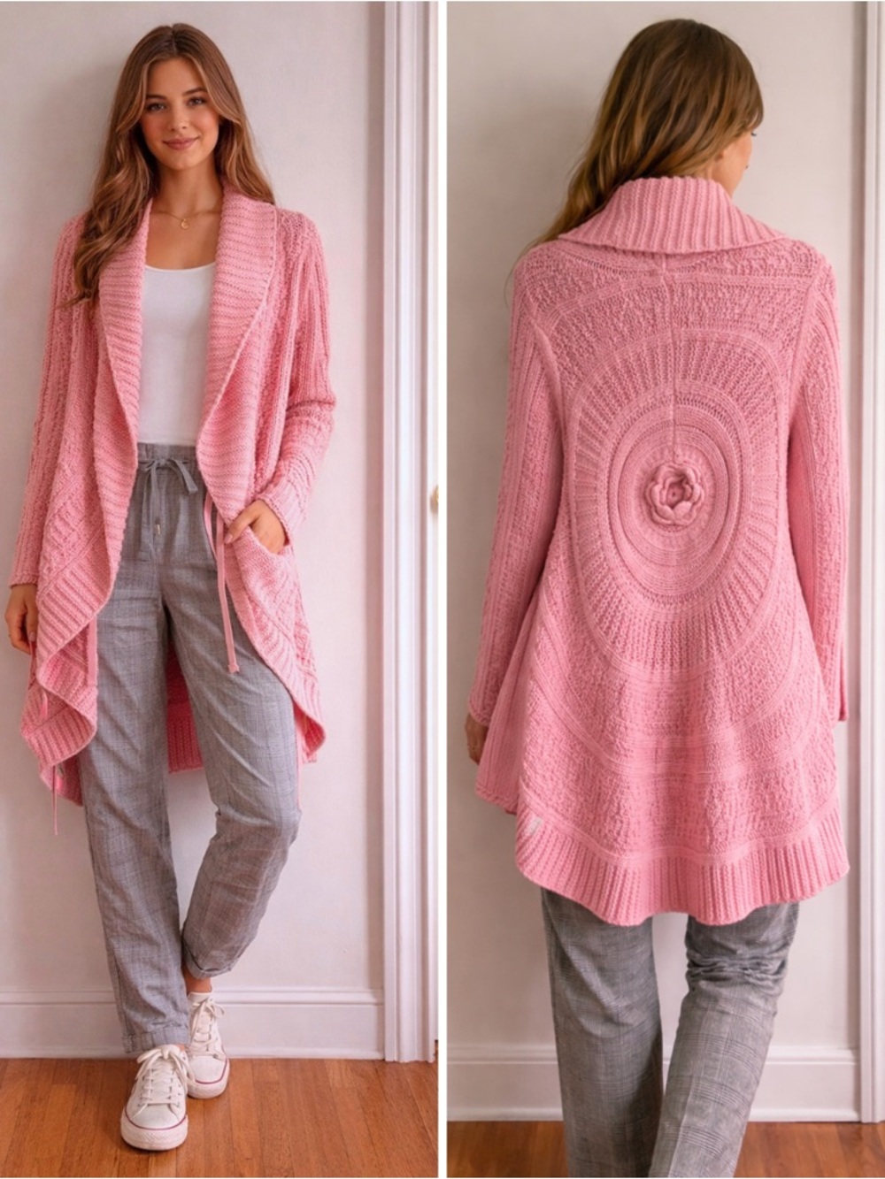 Blue Willi's Pink Open-Front Crochet Knit Cardigan